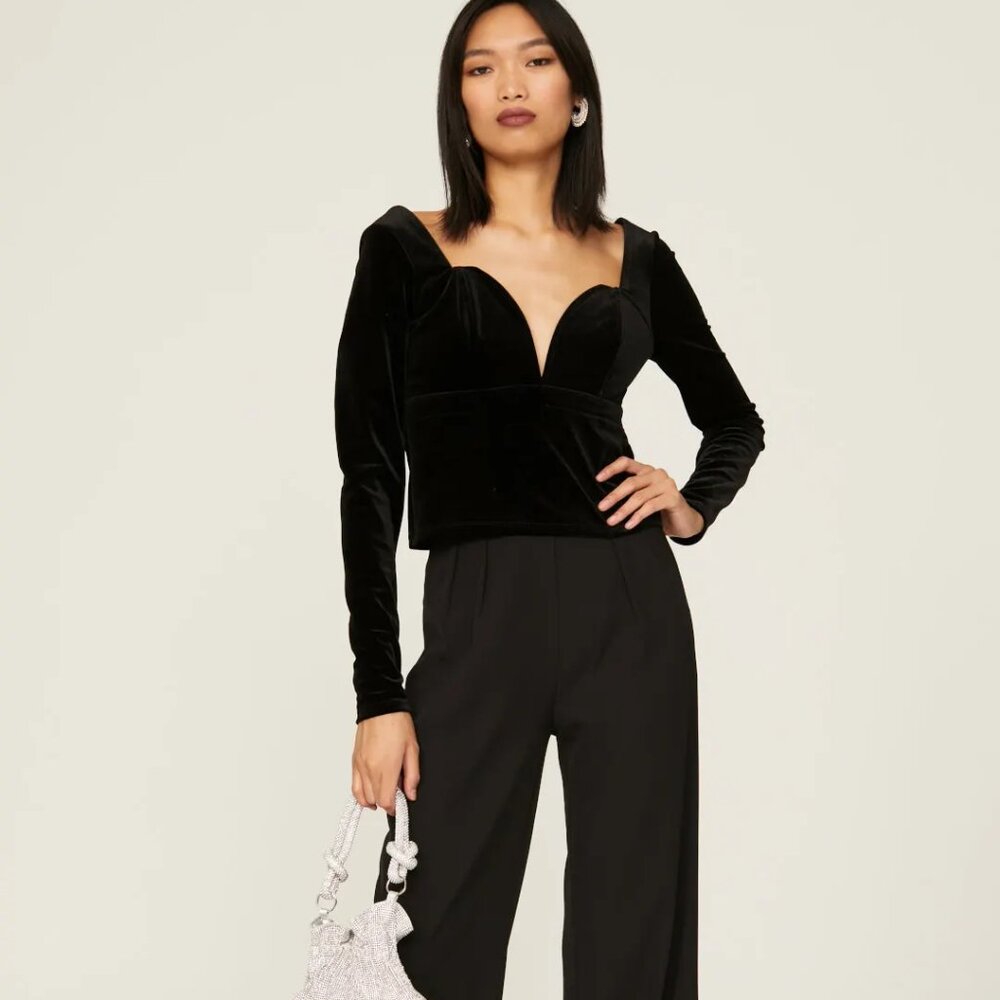 Louna Structured Black Velvet Sweetheart Plunge neck Top w/ Boning corset SMALL